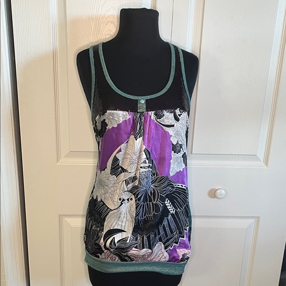 Custo Barcelona Tops - Custo Premium Purple Black Owl Silk Blend Sequined Tank Top Size 2